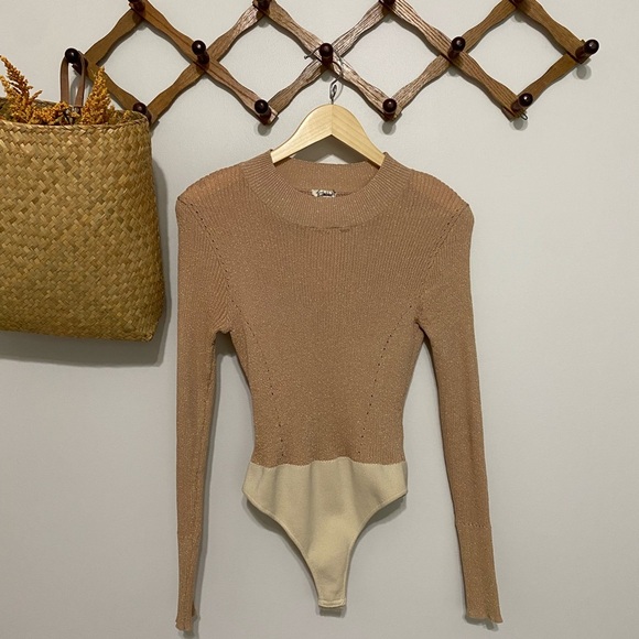 Free People Tan Metallic Shimmer Asymmetrical Fitted Bodysuit - Picture 1 of 4
